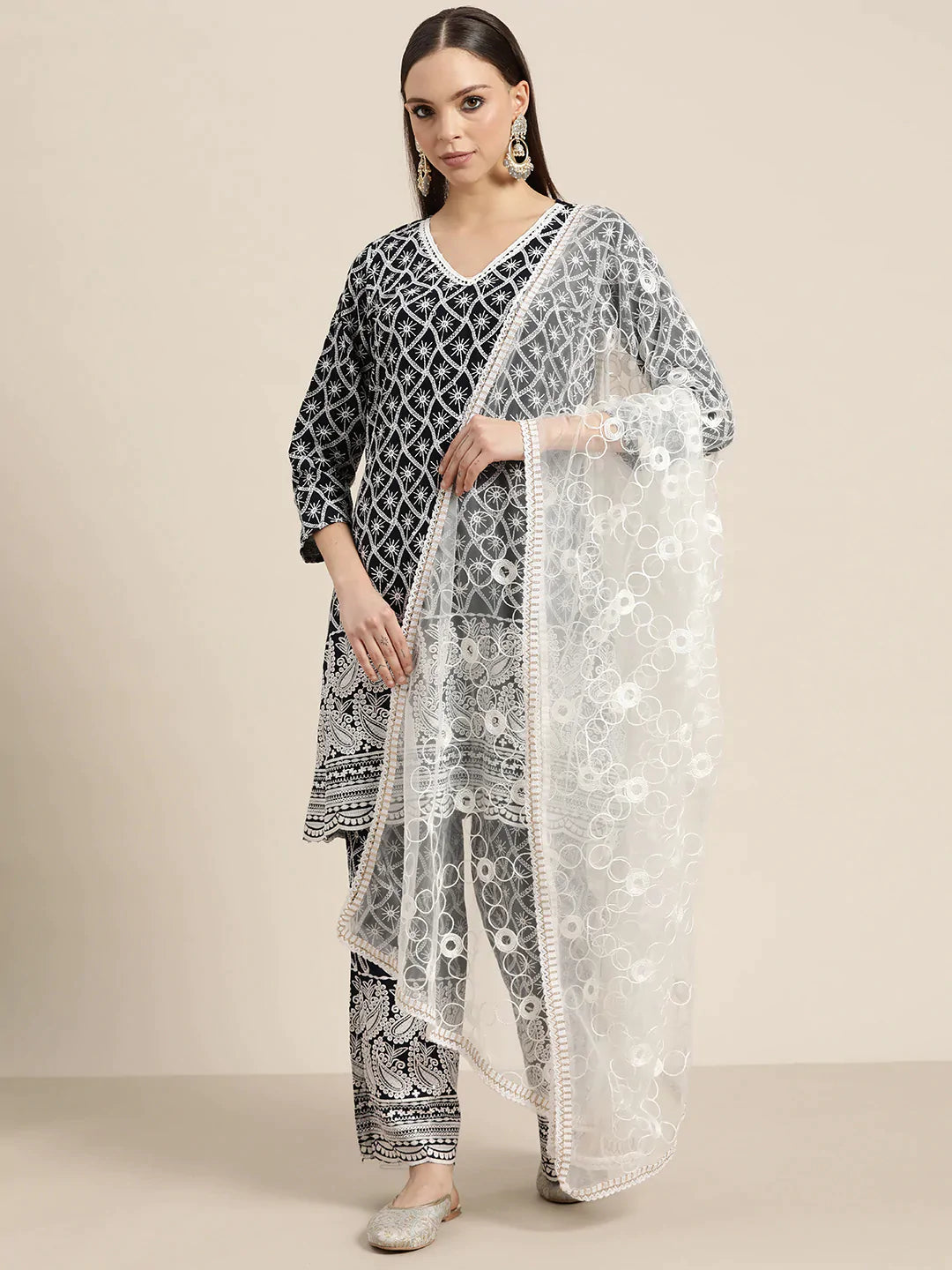 Women Ethnic Motifs Embroidered Sequinned Kurta With Palazzos & With Dupatta ( JOKPL D42W 1478 Navy )