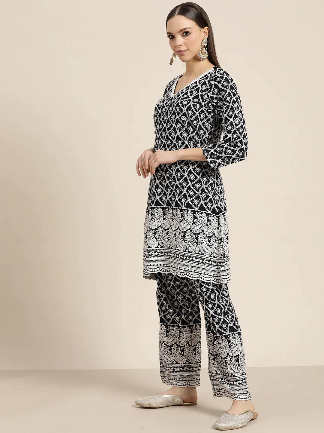 Women Ethnic Motifs Embroidered Sequinned Kurta With Palazzos & With Dupatta ( JOKPL D42W 1478 Navy )