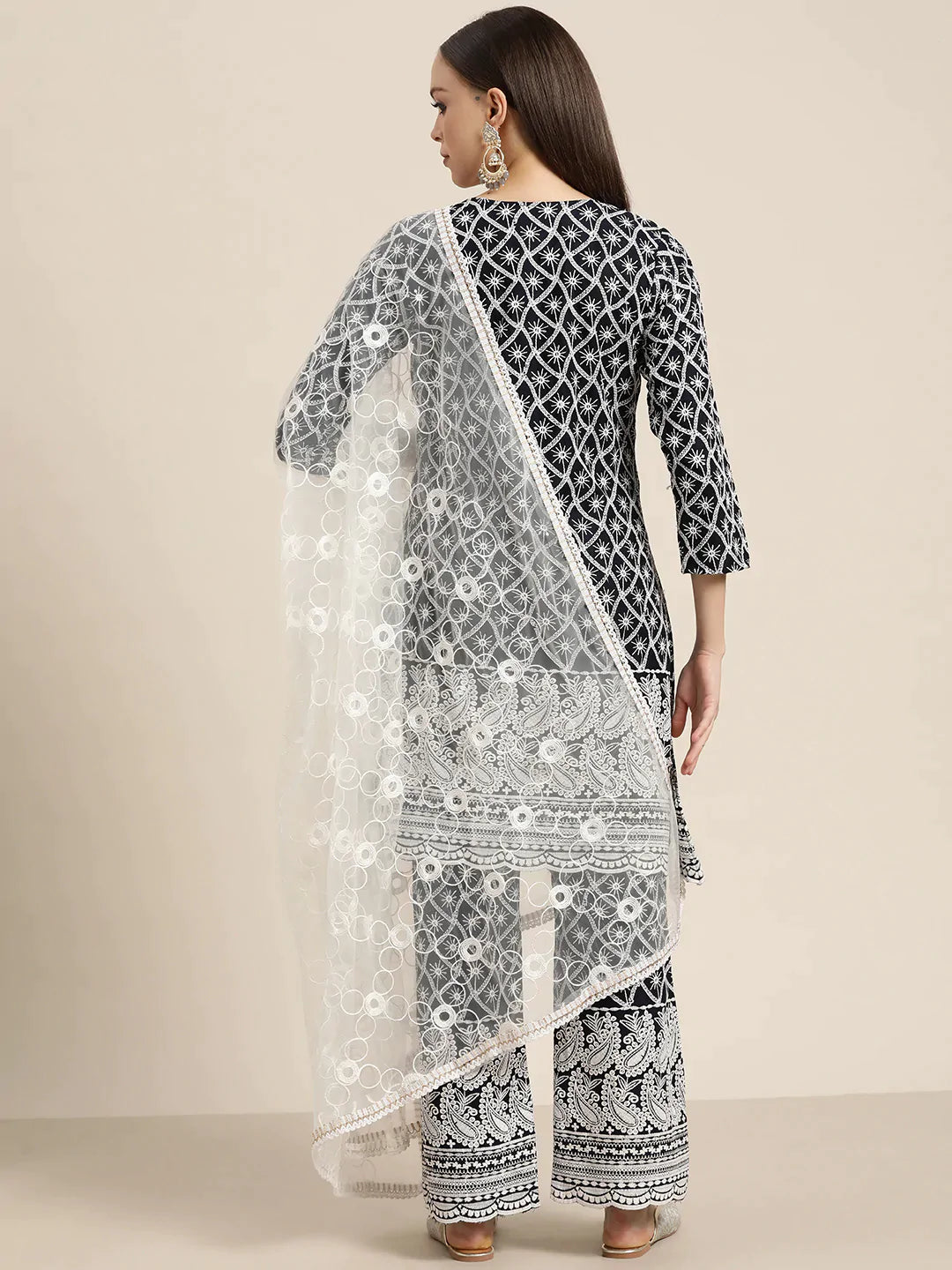 Women Ethnic Motifs Embroidered Sequinned Kurta With Palazzos & With Dupatta ( JOKPL D42W 1478 Navy )