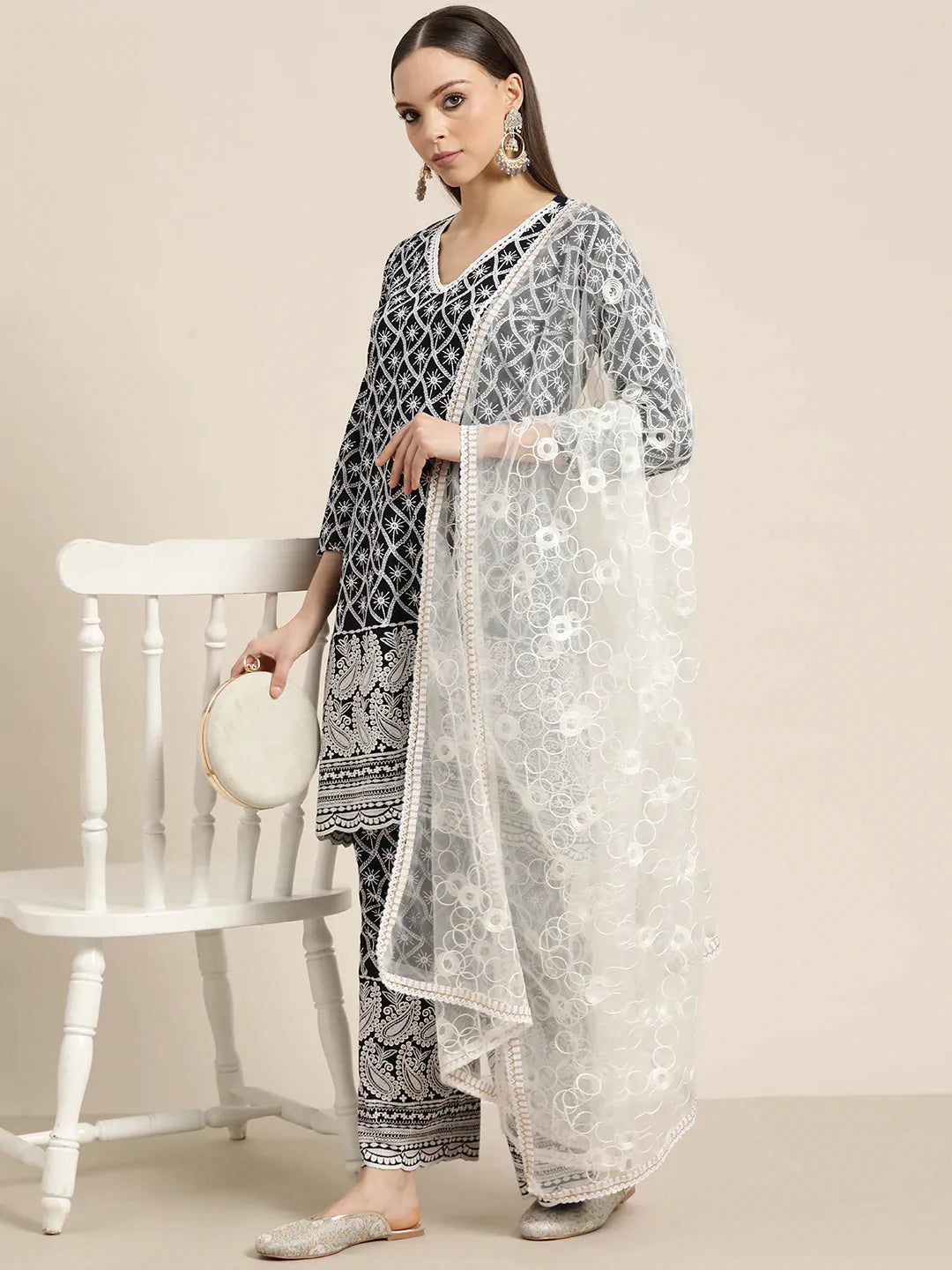Women Ethnic Motifs Embroidered Sequinned Kurta With Palazzos & With Dupatta ( JOKPL D42W 1478 Navy )