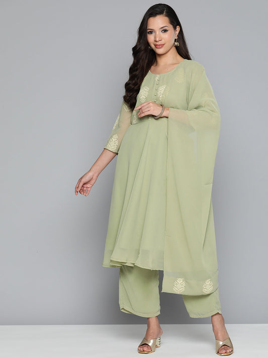 Ethnic Motifs Green Printed Georgette Kurta with Palazzos & With Dupatta ( JOKPL D43G 1484 Green )