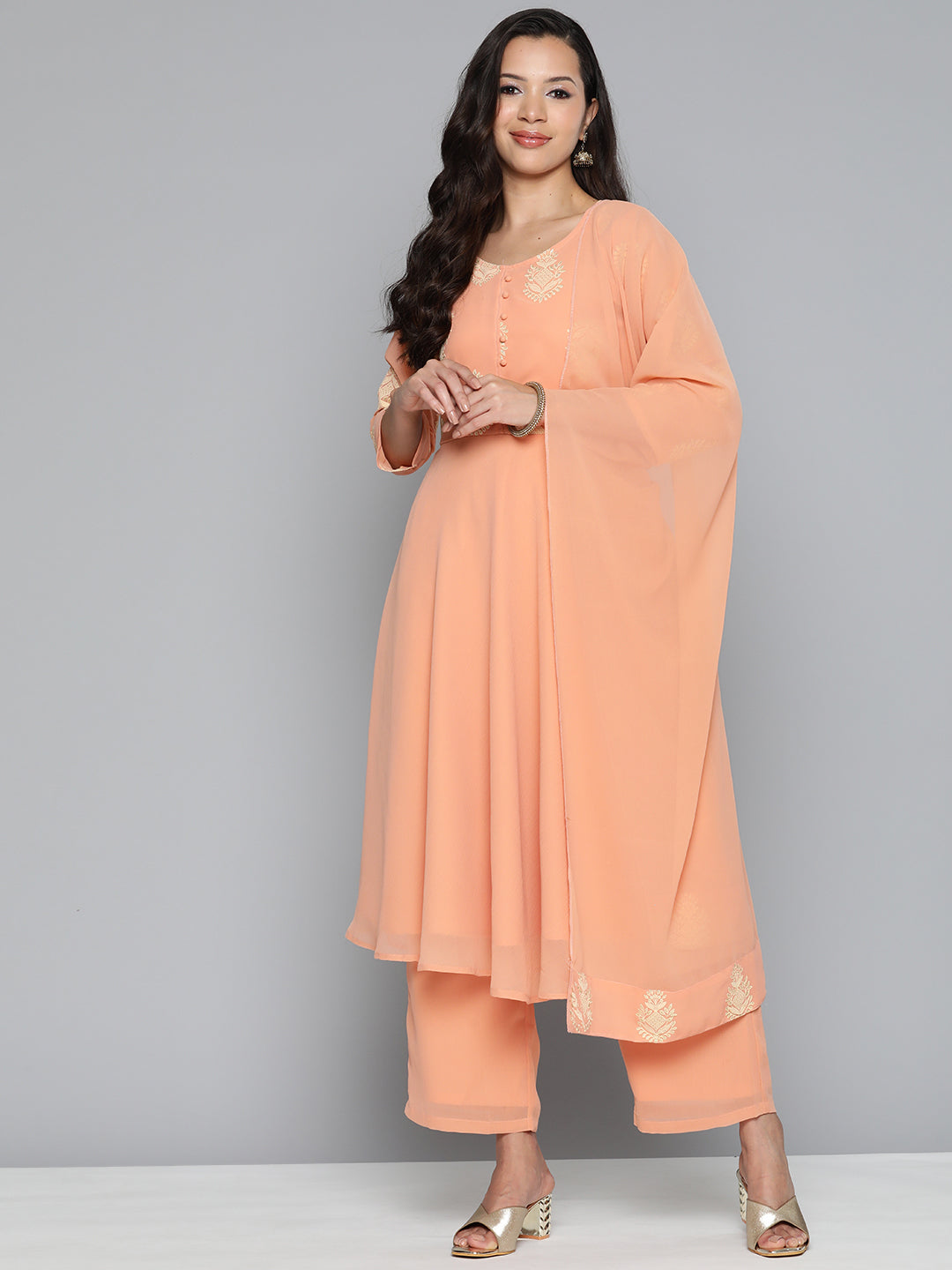 Ethnic Motifs Peach Printed Georgette Kurta with Palazzos & With Dupatta ( JOKPL D43P 1484 Peach )