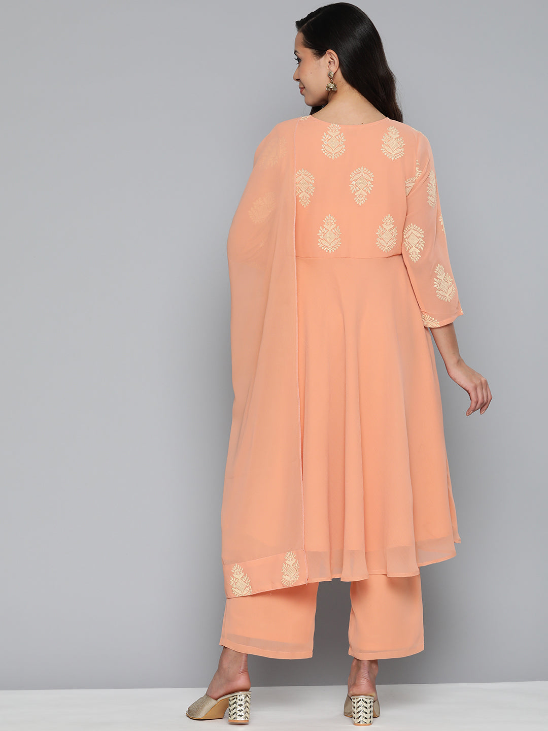 Ethnic Motifs Peach Printed Georgette Kurta with Palazzos & With Dupatta ( JOKPL D43P 1484 Peach )