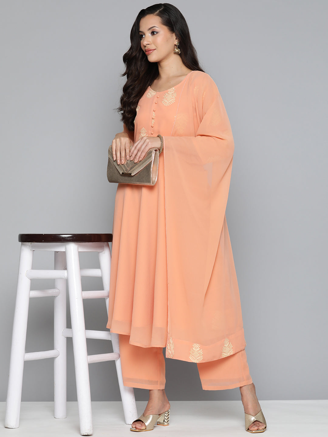 Ethnic Motifs Peach Printed Georgette Kurta with Palazzos & With Dupatta ( JOKPL D43P 1484 Peach )