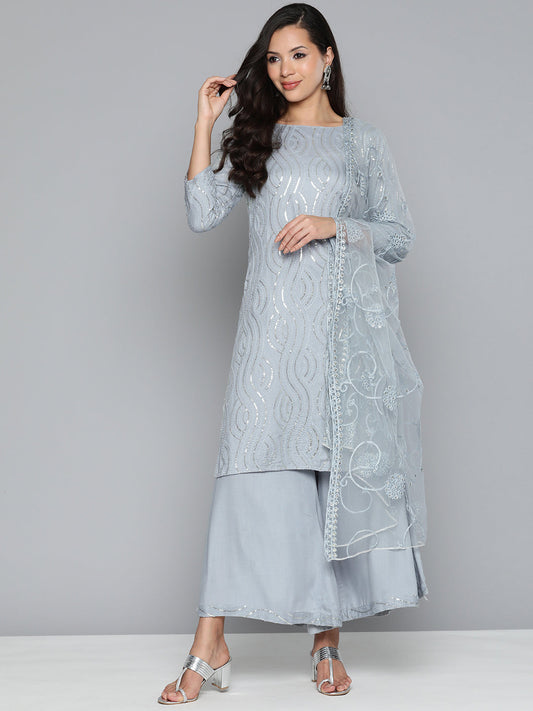 Leheriya Sequinned Kurta with Palazzos & With Dupatta ( JOKPL D44G 1485 Grey )
