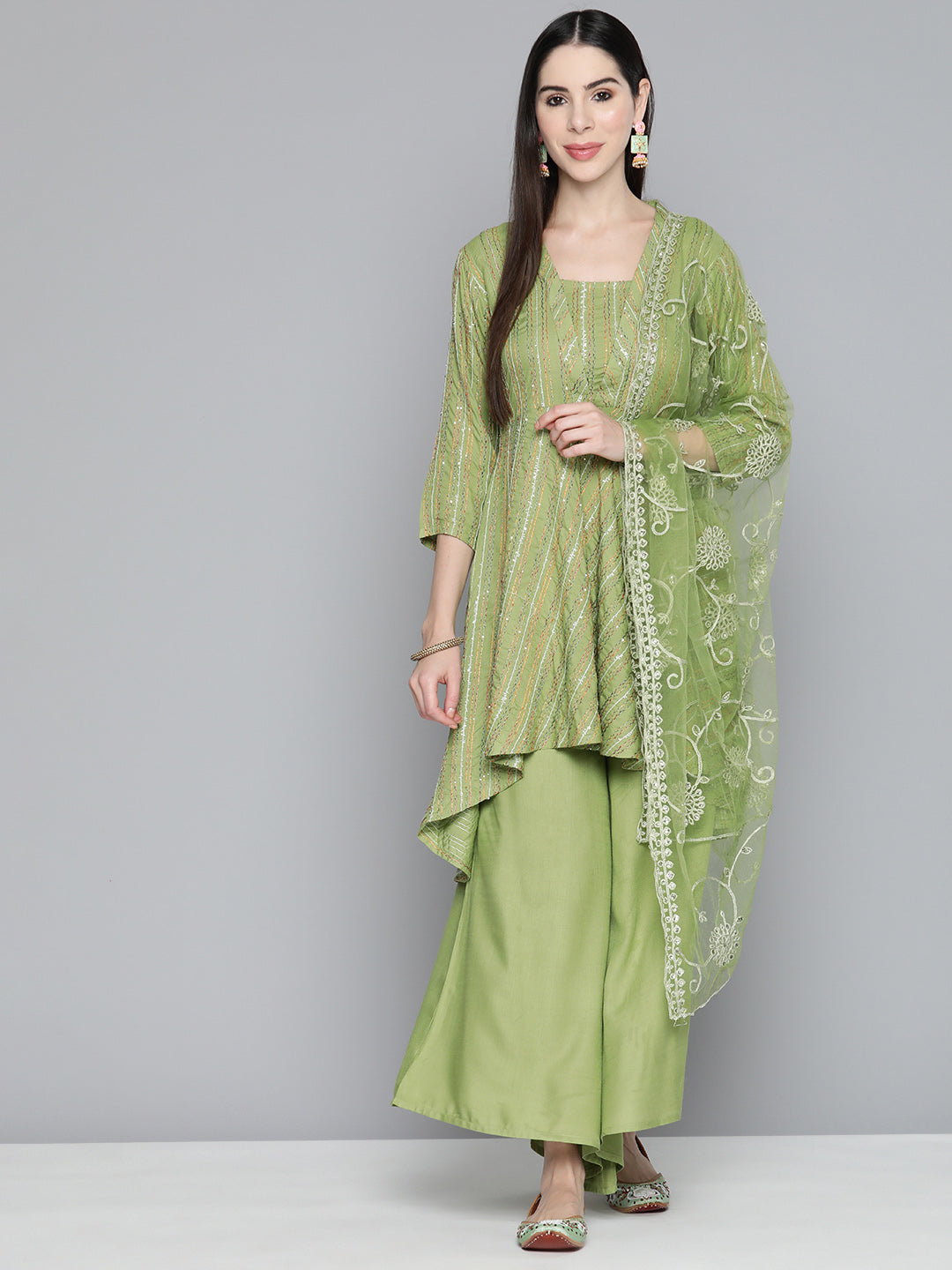 Green Sequinned Kurta with Palazzos & With Dupatta ( JOKPL D44Grn 1493 Green )