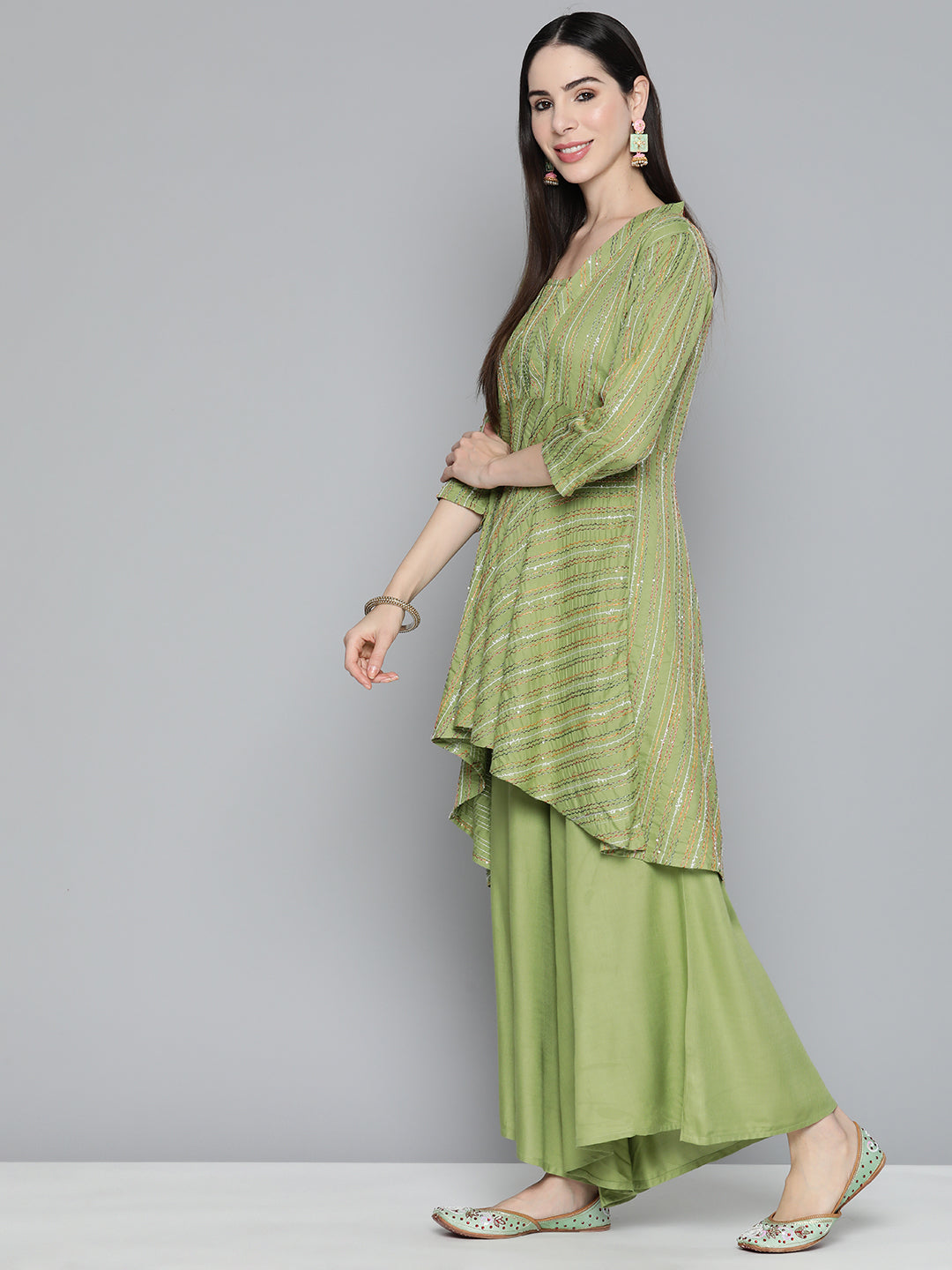 Green Sequinned Kurta with Palazzos & With Dupatta ( JOKPL D44Grn 1493 Green )