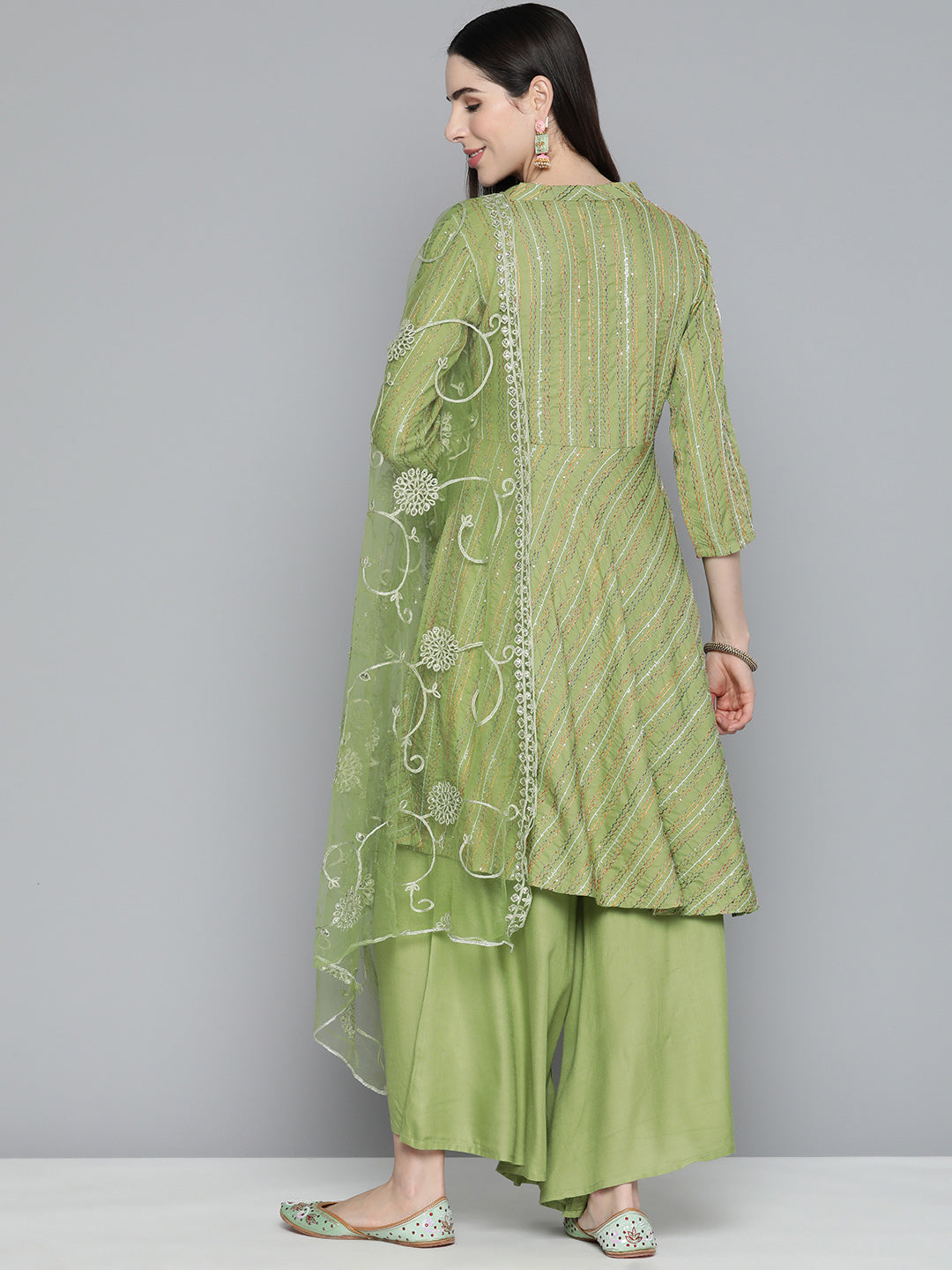 Green Sequinned Kurta with Palazzos & With Dupatta ( JOKPL D44Grn 1493 Green )