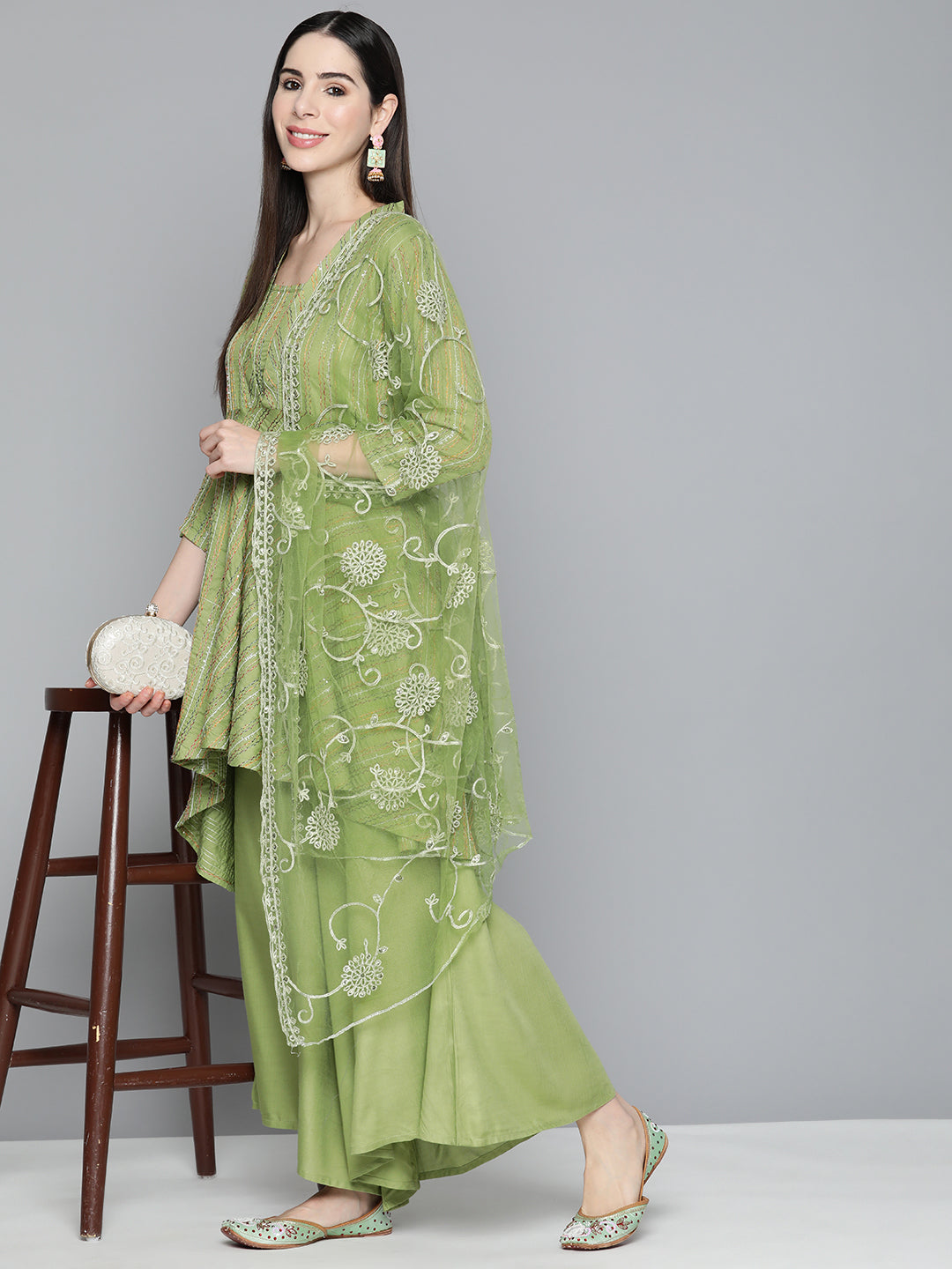 Green Sequinned Kurta with Palazzos & With Dupatta ( JOKPL D44Grn 1493 Green )