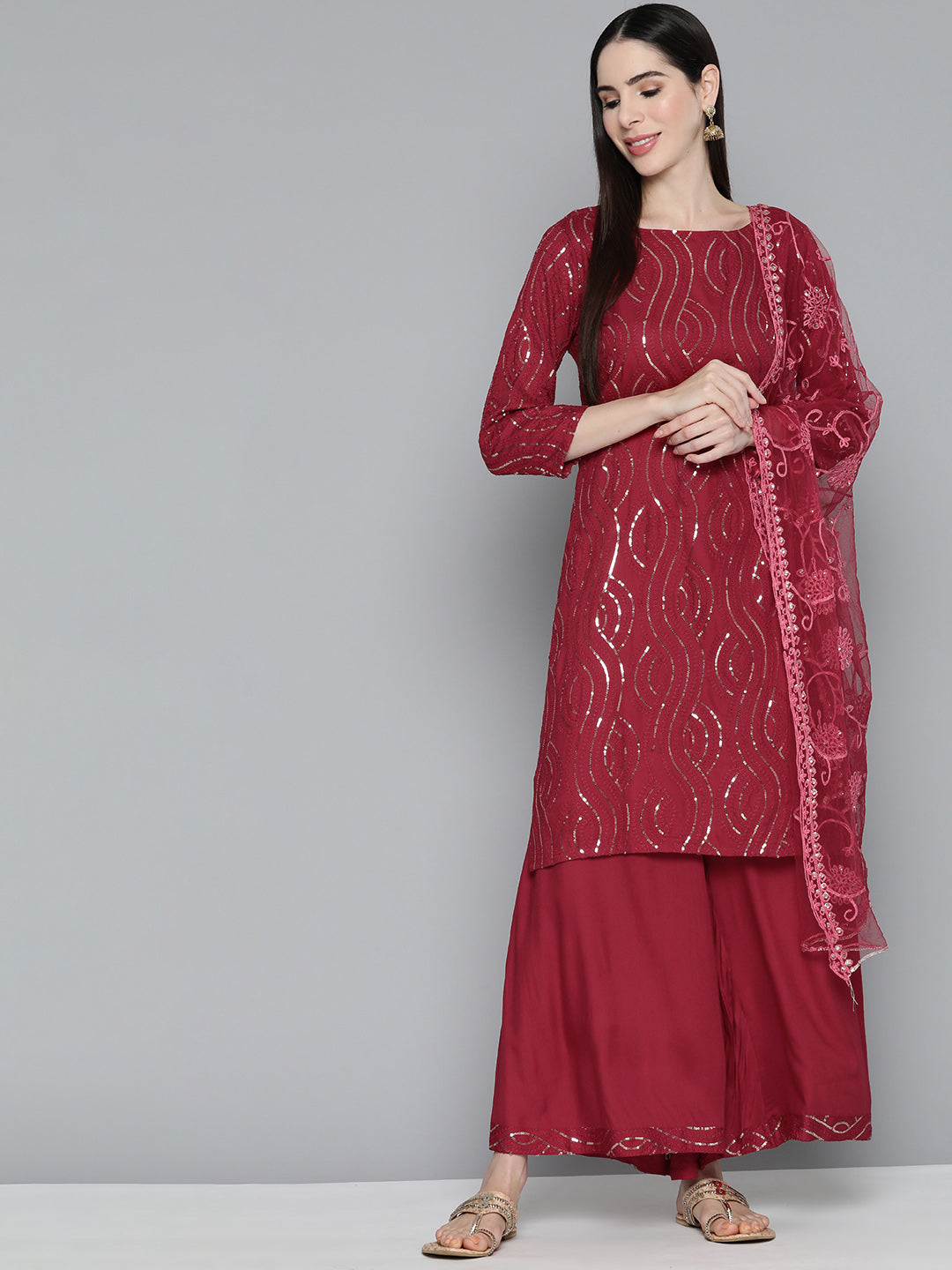 Maroon Leheriya Sequinned Kurta with Palazzos & With Dupatta ( JOKPL D44M 1485 Maroon )