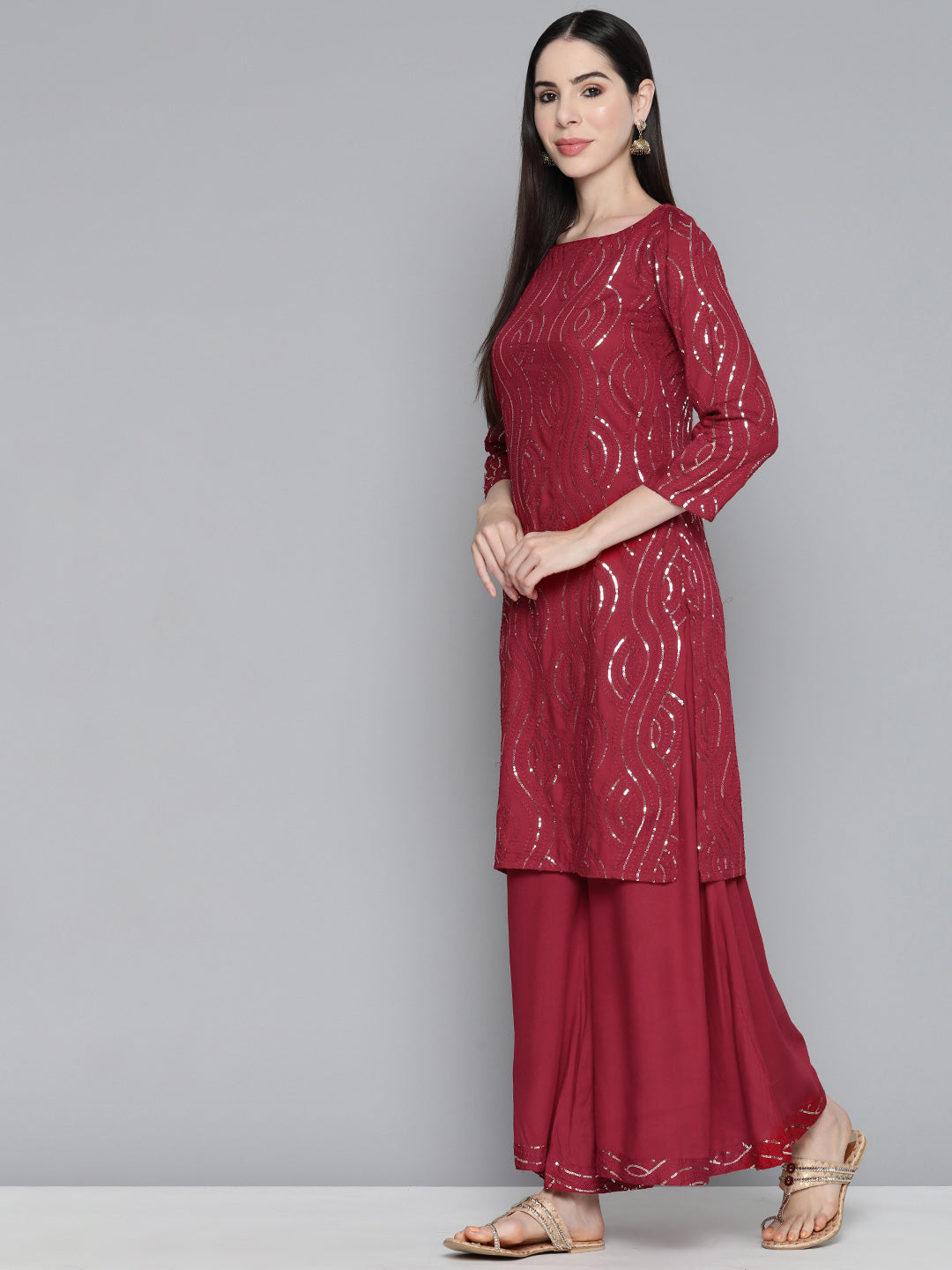 Maroon Leheriya Sequinned Kurta with Palazzos & With Dupatta ( JOKPL D44M 1485 Maroon )