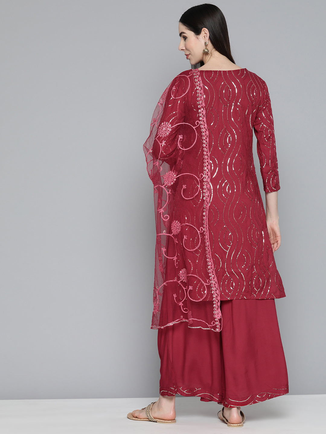 Maroon Leheriya Sequinned Kurta with Palazzos & With Dupatta ( JOKPL D44M 1485 Maroon )