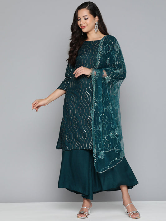 Teal Leheriya Sequinned Kurta with Palazzos & With Dupatta ( JOKPL D44T 1485 Teal )