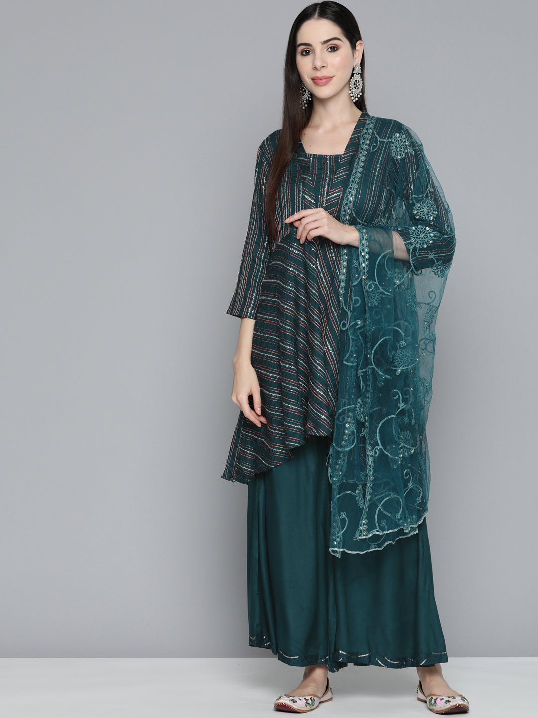 Teal Sequinned Kurta with Palazzos & With Dupatta ( JOKPL D44T 1493 Teal )