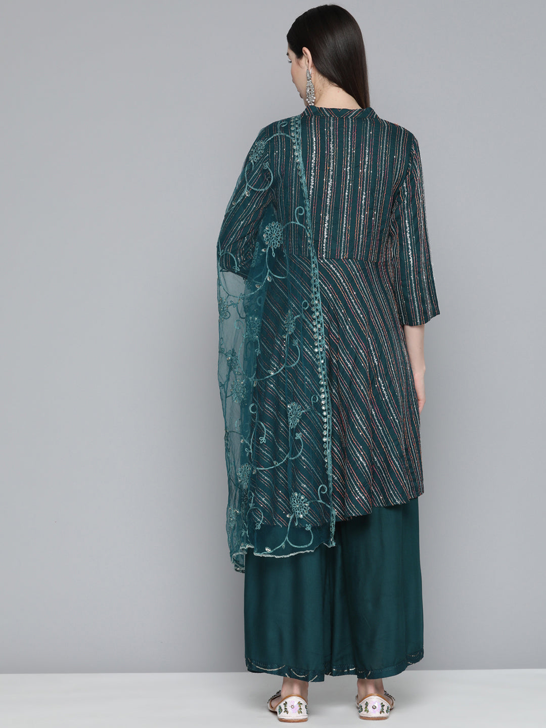 Teal Sequinned Kurta with Palazzos & With Dupatta ( JOKPL D44T 1493 Teal )