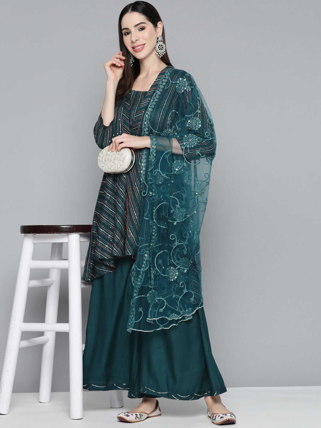 Teal Sequinned Kurta with Palazzos & With Dupatta ( JOKPL D44T 1493 Teal )