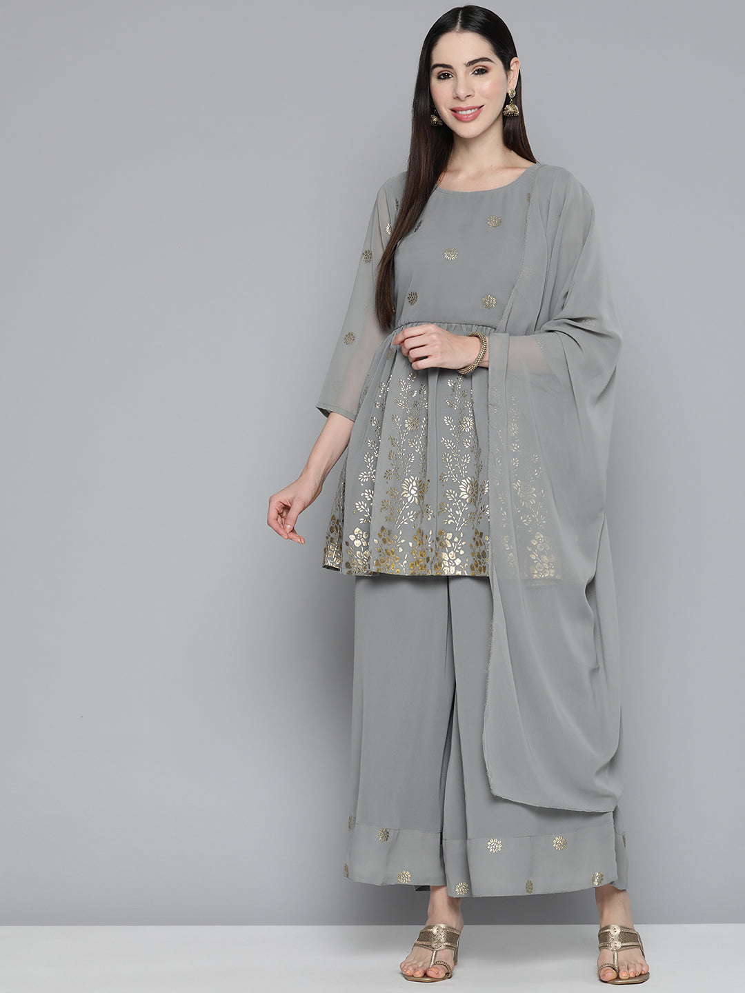 Floral Printed Pleated Grey Georgette Kurta with Palazzos & With Dupatta ( JOKPL D45 Gry 1497 Grey )