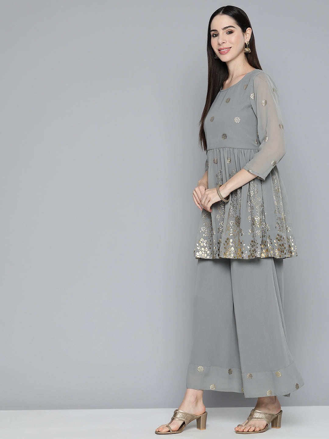 Floral Printed Pleated Grey Georgette Kurta with Palazzos & With Dupatta ( JOKPL D45 Gry 1497 Grey )