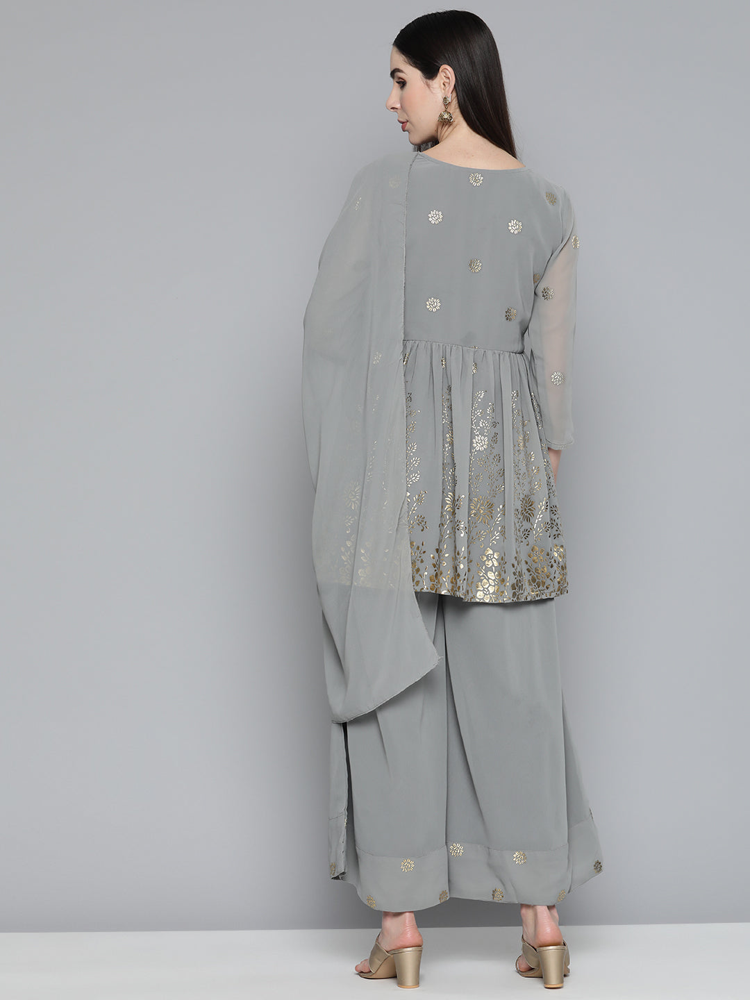 Floral Printed Pleated Grey Georgette Kurta with Palazzos & With Dupatta ( JOKPL D45 Gry 1497 Grey )