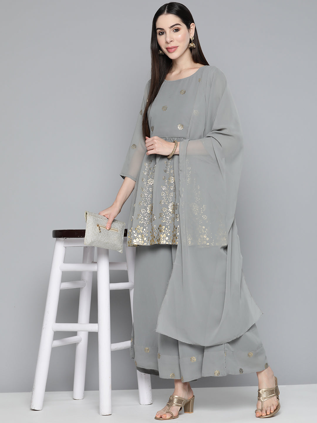 Floral Printed Pleated Grey Georgette Kurta with Palazzos & With Dupatta ( JOKPL D45 Gry 1497 Grey )