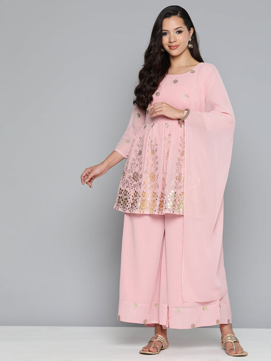 Floral Printed Pleated Pink Georgette Kurta with Palazzos & With Dupatta ( JOKPL D45 Gry 1497 Pink )