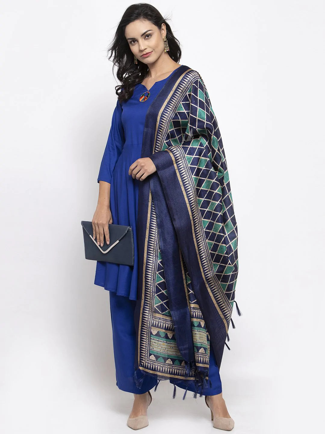 Jompers Women Royal-Blue Solid Kurta with Palazzos & Art-Silk Printed Dupatta ( JOKPL D4B 1312 Royal )