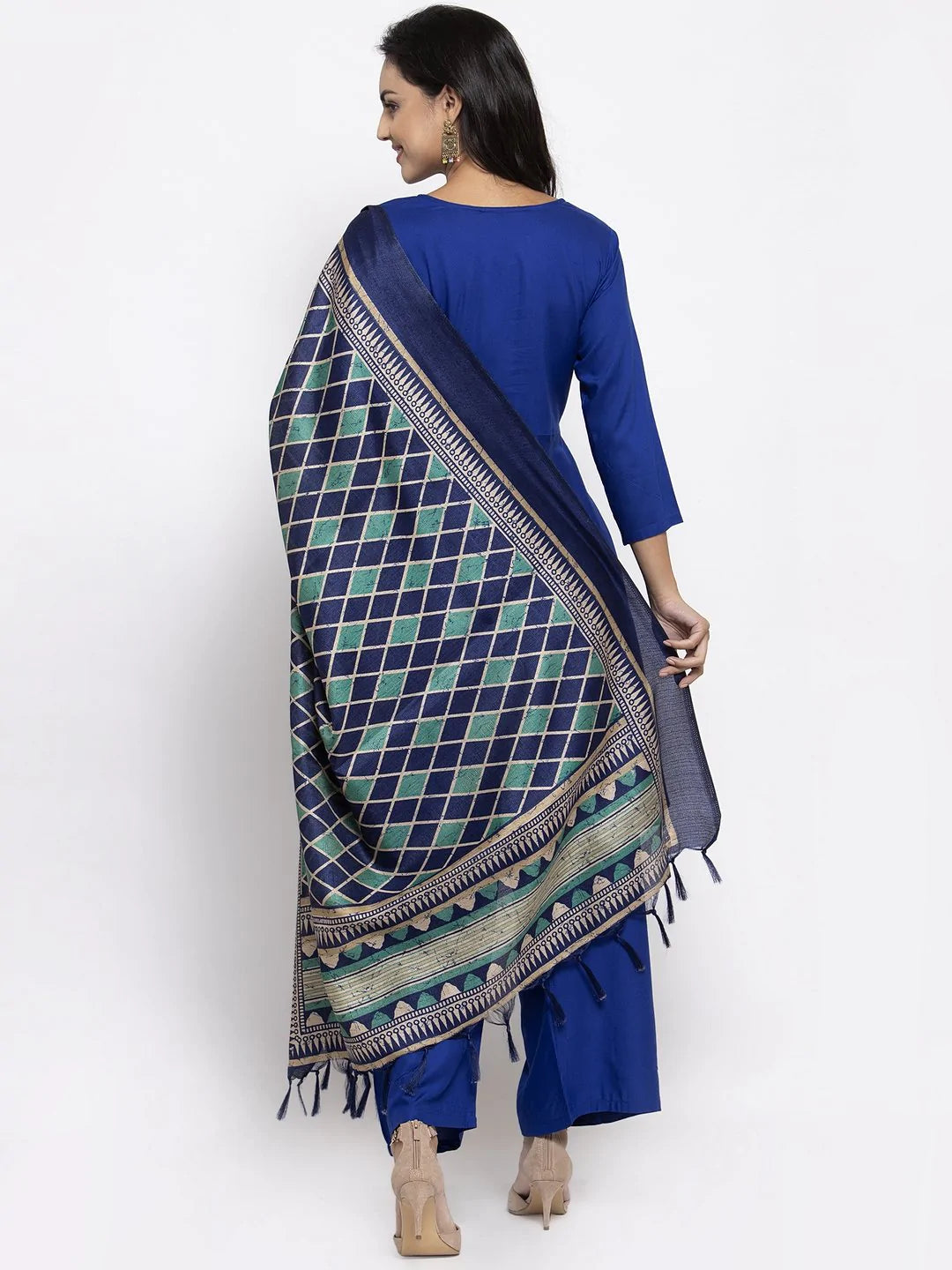 Jompers Women Royal-Blue Solid Kurta with Palazzos & Art-Silk Printed Dupatta ( JOKPL D4B 1312 Royal )