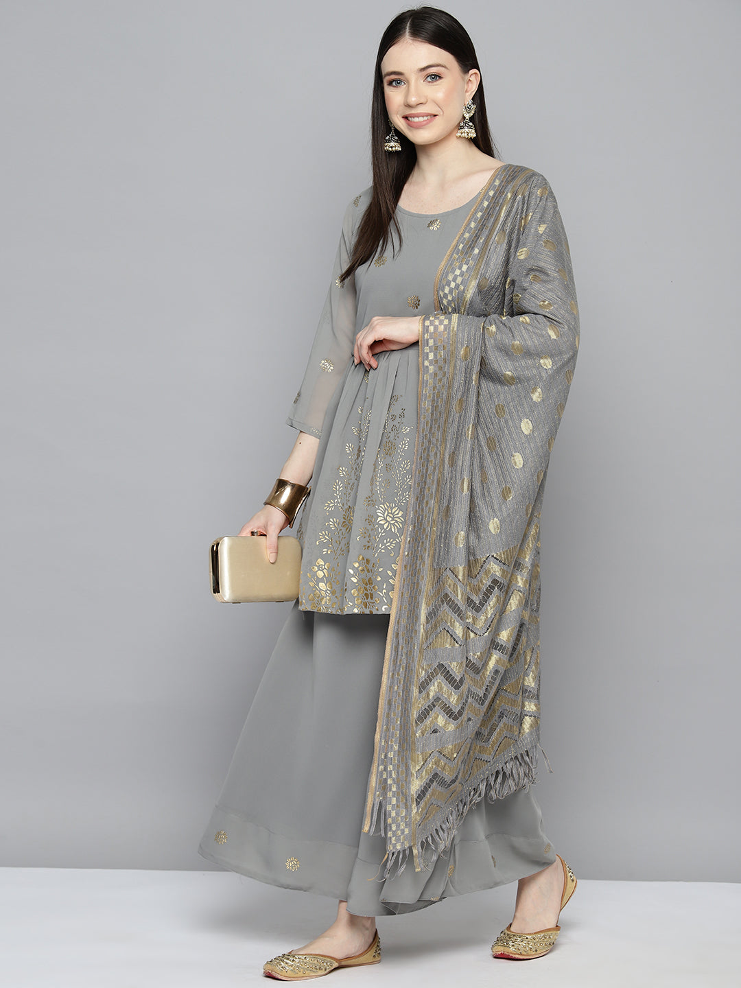 Gorgette Foil Print Kurta palazzo Dupatta Set from Jompers ( JOKPL D50Gry 1497 Grey )