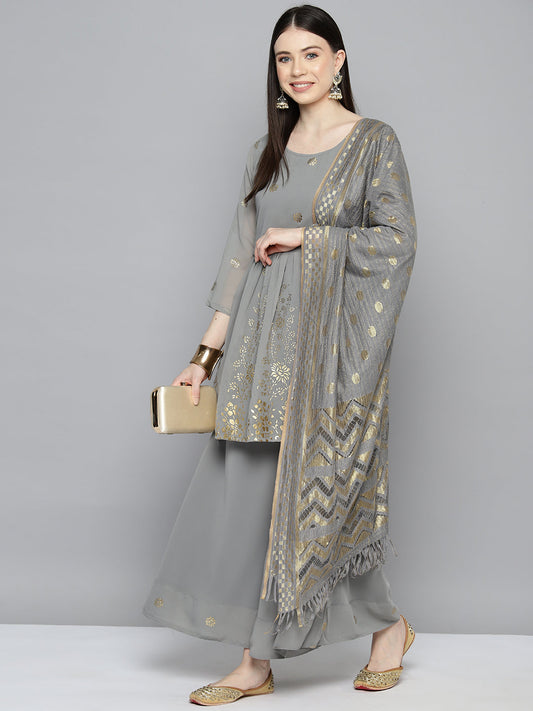 Gorgette Foil Print Kurta palazzo Dupatta Set from Jompers ( JOKPL D50Gry 1497 Grey )