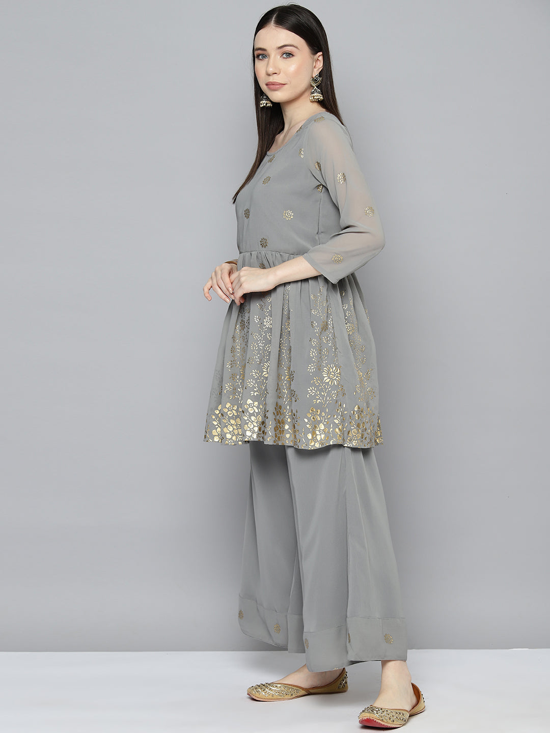 Gorgette Foil Print Kurta palazzo Dupatta Set from Jompers ( JOKPL D50Gry 1497 Grey )