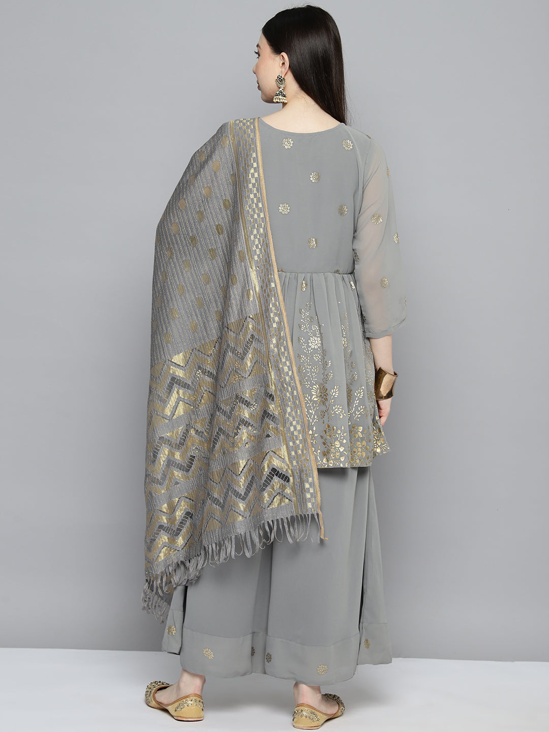 Gorgette Foil Print Kurta palazzo Dupatta Set from Jompers ( JOKPL D50Gry 1497 Grey )