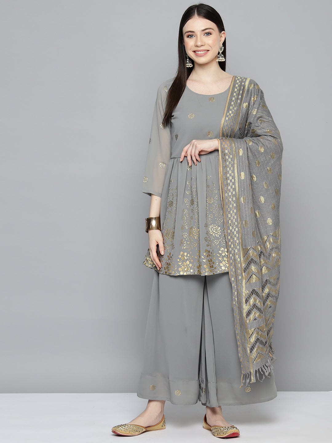 Gorgette Foil Print Kurta palazzo Dupatta Set from Jompers ( JOKPL D50Gry 1497 Grey )