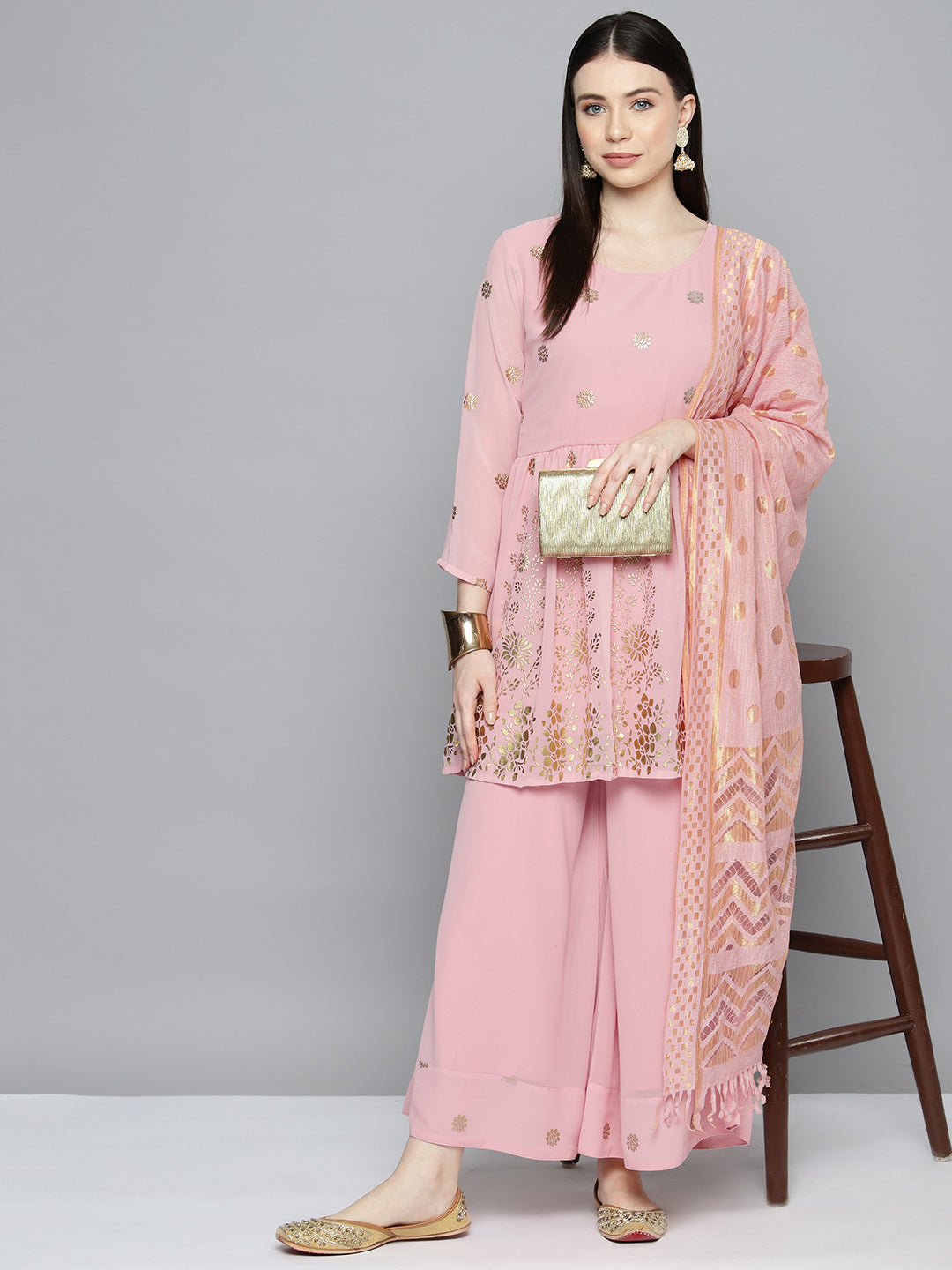 Gorgette Foil Print Kurta palazzo Dupatta Set from Jompers ( JOKPL D50Pnk 1497 Pink )