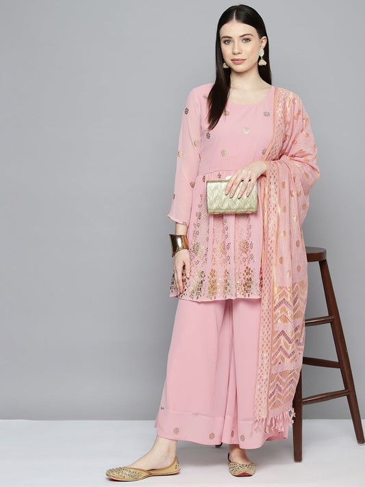 Gorgette Foil Print Kurta palazzo Dupatta Set from Jompers ( JOKPL D50Pnk 1497 Pink )