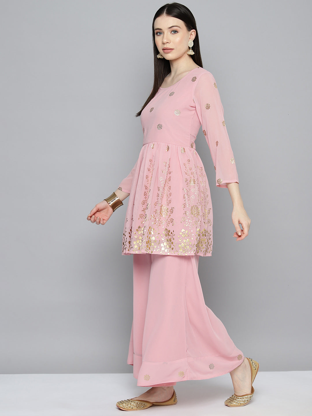 Gorgette Foil Print Kurta palazzo Dupatta Set from Jompers ( JOKPL D50Pnk 1497 Pink )