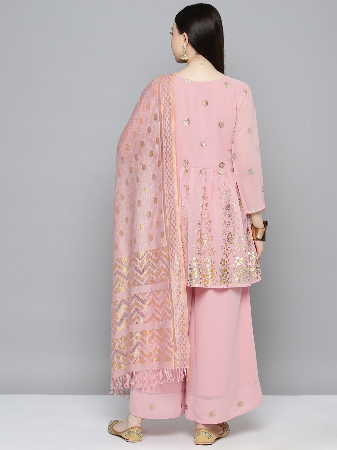 Gorgette Foil Print Kurta palazzo Dupatta Set from Jompers ( JOKPL D50Pnk 1497 Pink )