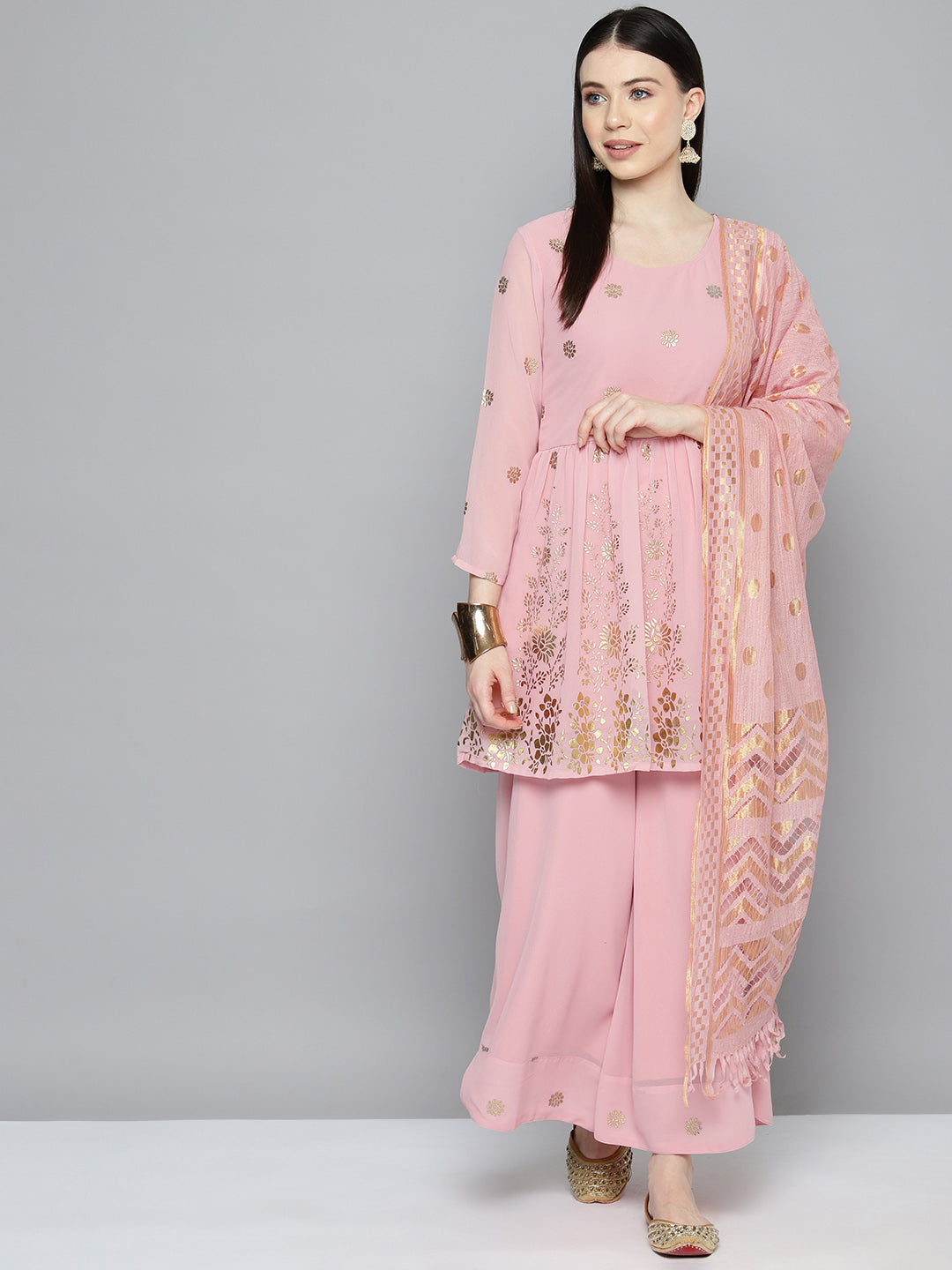 Gorgette Foil Print Kurta palazzo Dupatta Set from Jompers ( JOKPL D50Pnk 1497 Pink )