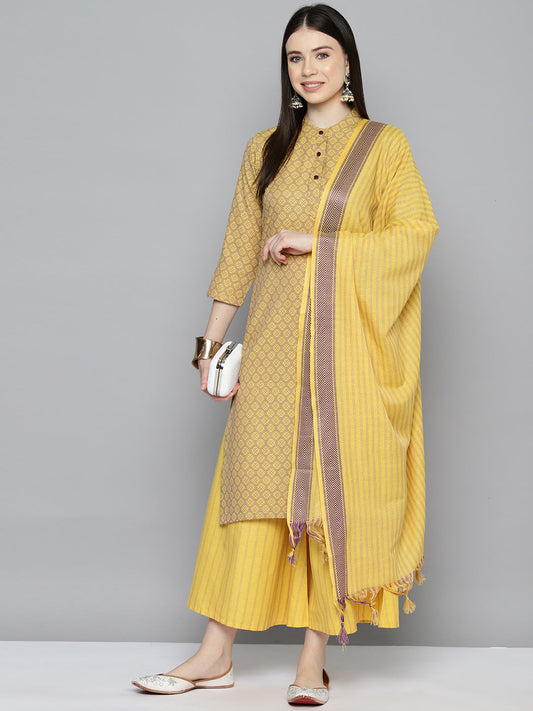 Woven design kurta, pallazos and dupatta set ( JOKPL D51Y 1538 Yellow )