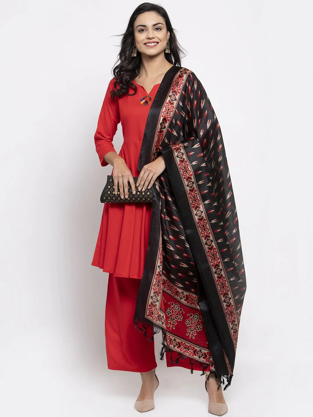 Jompers Women Red Solid Kurta with Palazzos & Red-Black Printed Dupatta ( JOKPL D8B 1312 Red )