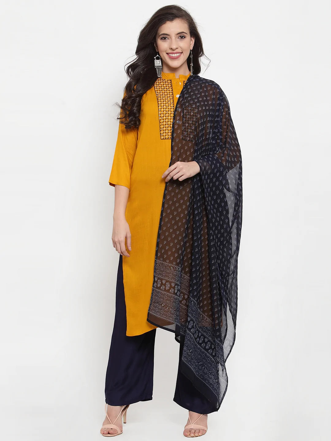 Women Mustard Yellow & Navy Blue Embroidered Kurta with Palazzos & Dupatta (JOKPL NB D11B 1274 Mustard)