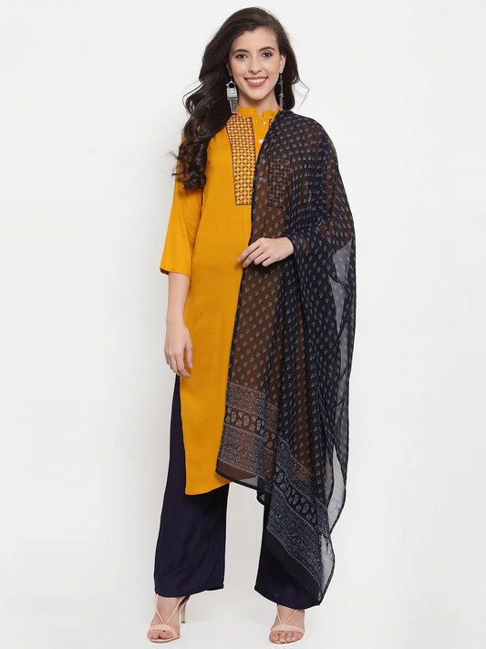 Women Mustard Yellow & Navy Blue Embroidered Kurta with Palazzos & Dupatta (JOKPL NB D11B 1274 Mustard)