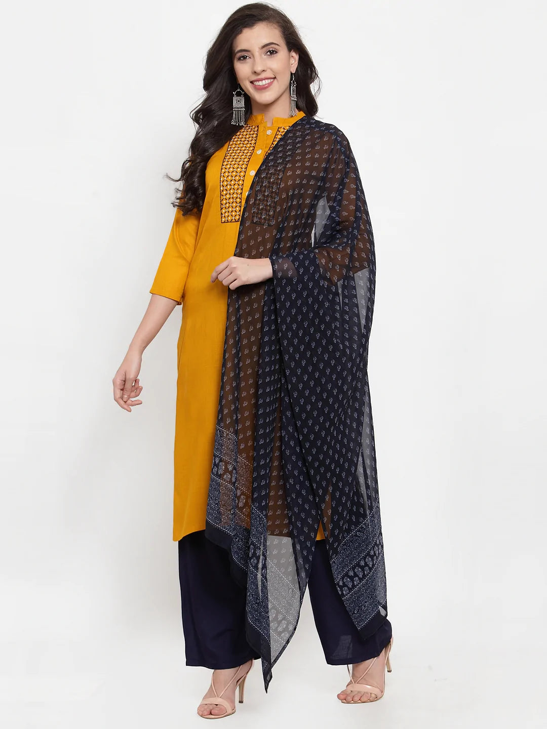 Women Mustard Yellow & Navy Blue Embroidered Kurta with Palazzos & Dupatta (JOKPL NB D11B 1274 Mustard)