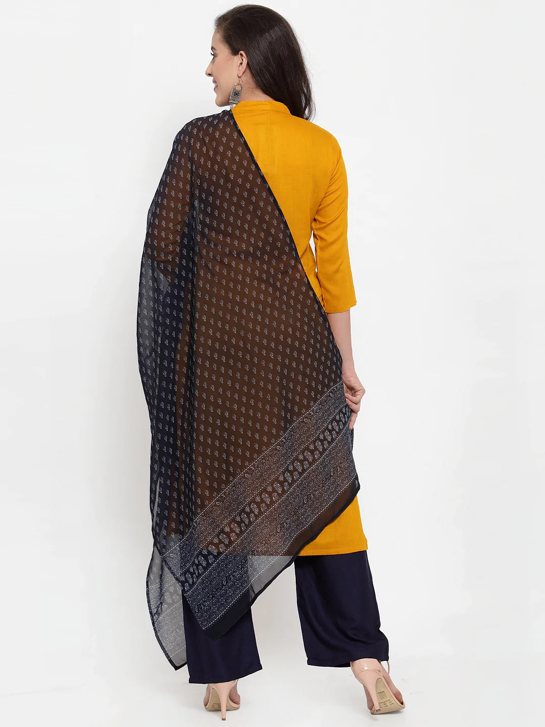 Women Mustard Yellow & Navy Blue Embroidered Kurta with Palazzos & Dupatta (JOKPL NB D11B 1274 Mustard)