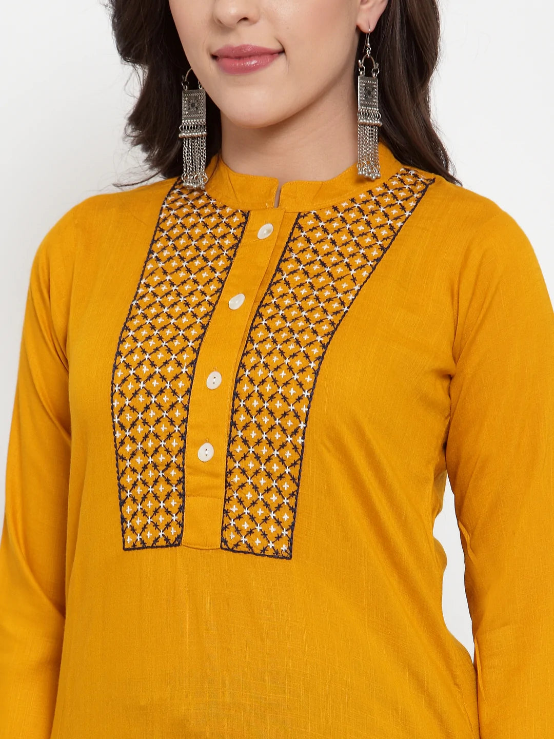 Women Mustard Yellow & Navy Blue Embroidered Kurta with Palazzos & Dupatta (JOKPL NB D11B 1274 Mustard)