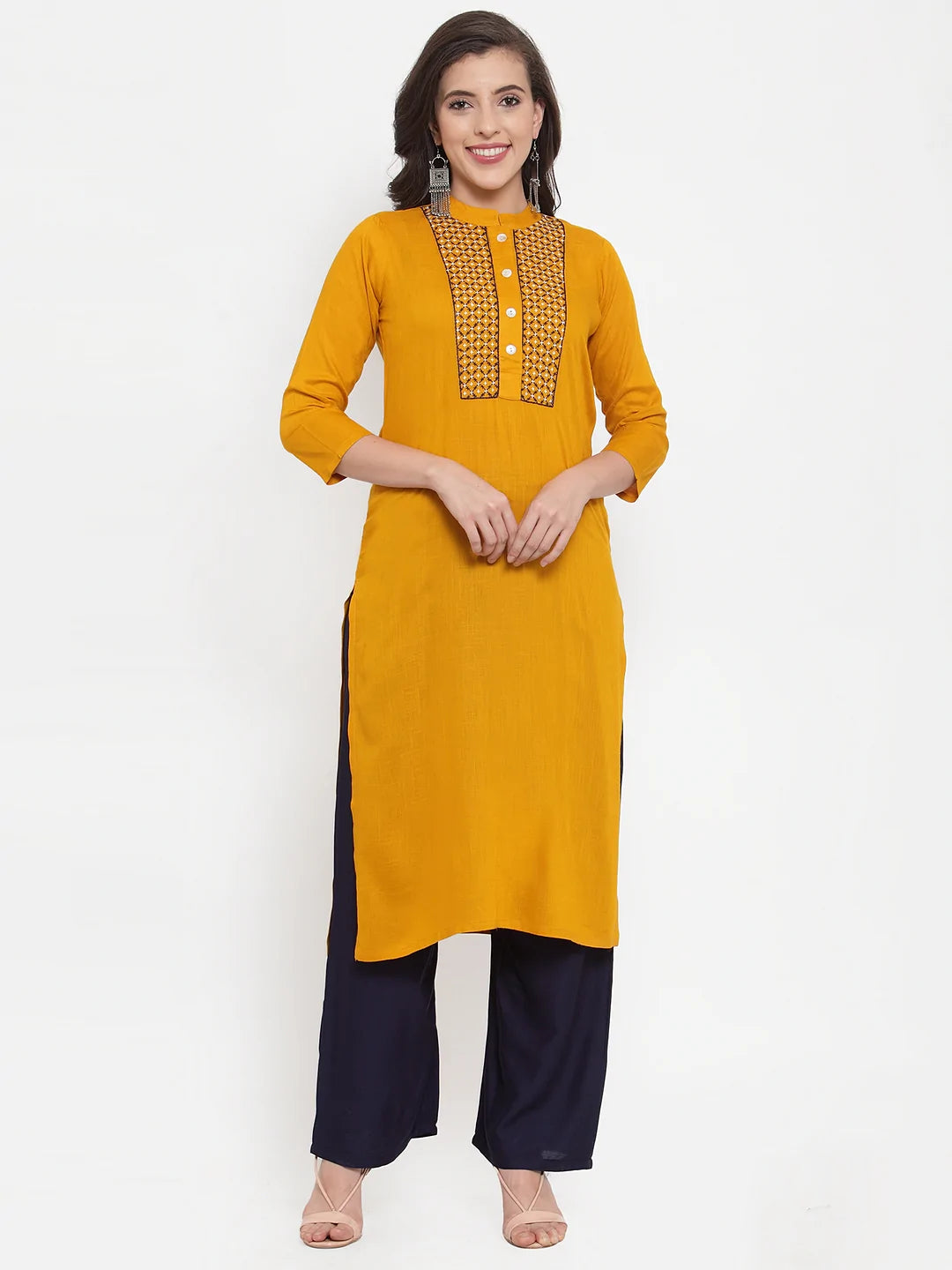 Women Mustard Yellow & Navy Blue Embroidered Kurta with Palazzos & Dupatta (JOKPL NB D11B 1274 Mustard)