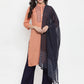 Women Mustard Peach & Navy Blue Embroidered Kurta with Palazzos & Dupatta (JOKPL NB D11B 1274 Peach)