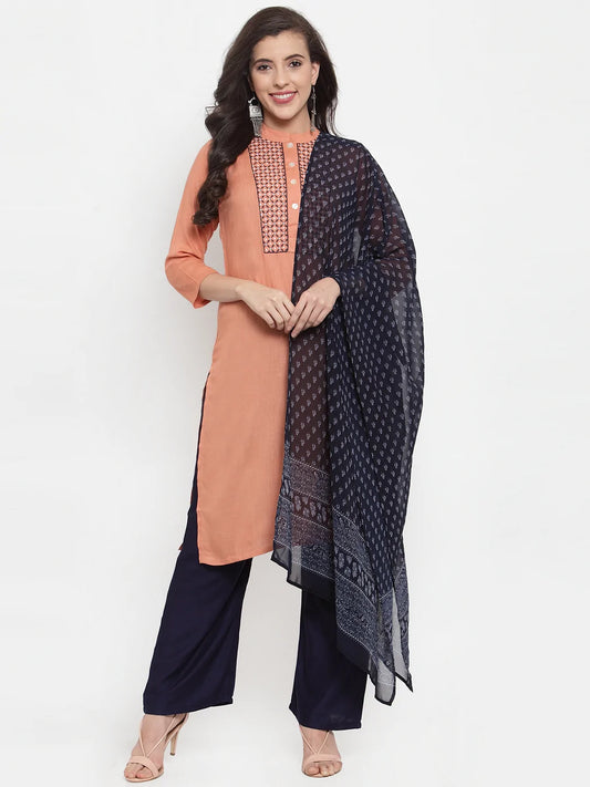 Women Mustard Peach & Navy Blue Embroidered Kurta with Palazzos & Dupatta (JOKPL NB D11B 1274 Peach)
