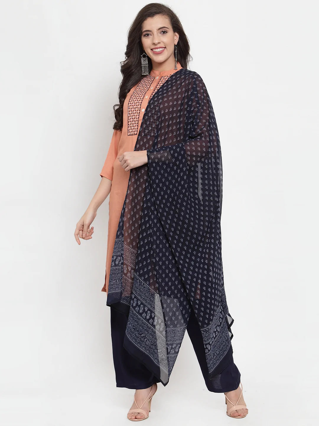 Women Mustard Peach & Navy Blue Embroidered Kurta with Palazzos & Dupatta (JOKPL NB D11B 1274 Peach)
