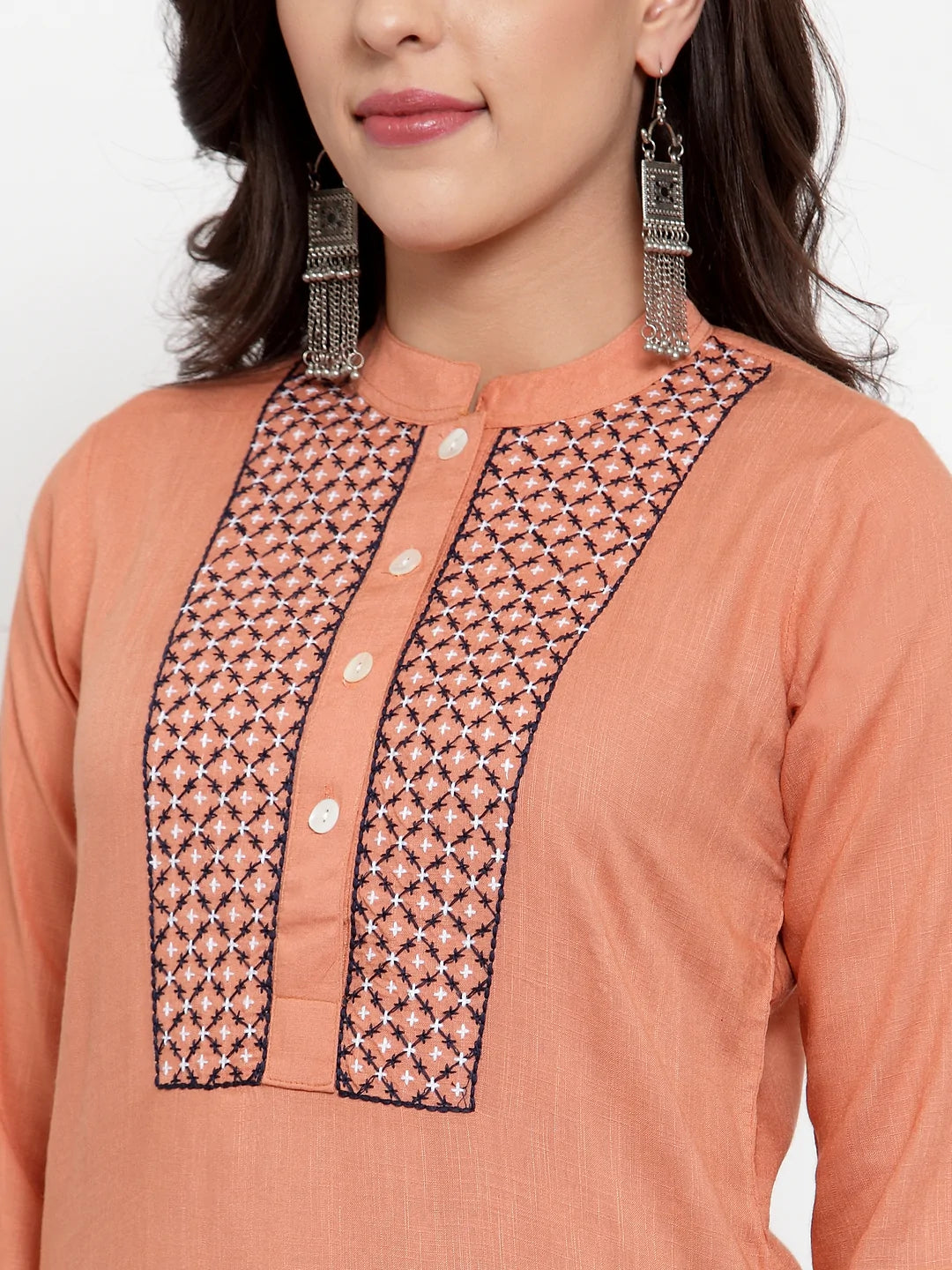 Women Mustard Peach & Navy Blue Embroidered Kurta with Palazzos & Dupatta (JOKPL NB D11B 1274 Peach)