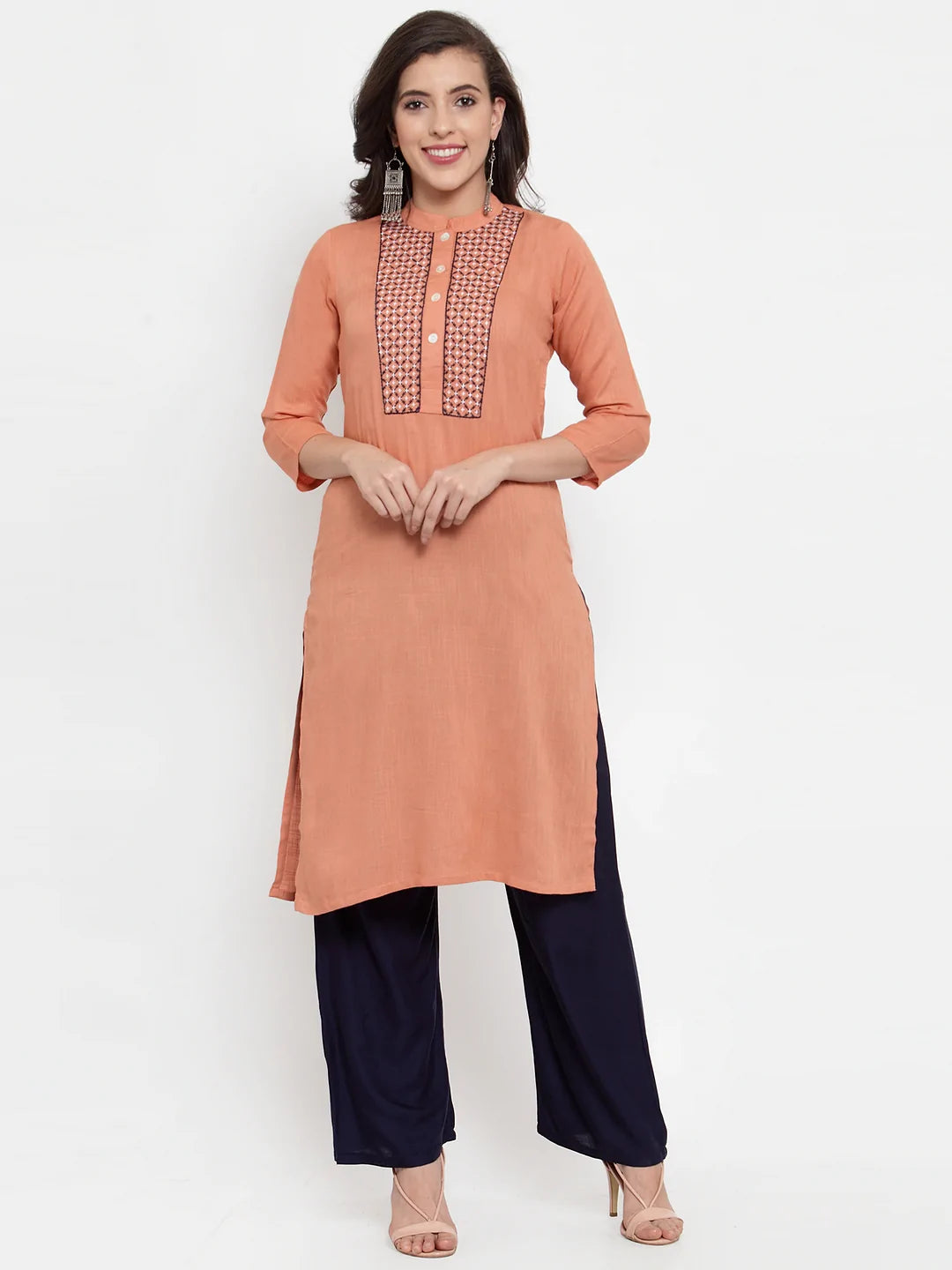 Women Mustard Peach & Navy Blue Embroidered Kurta with Palazzos & Dupatta (JOKPL NB D11B 1274 Peach)